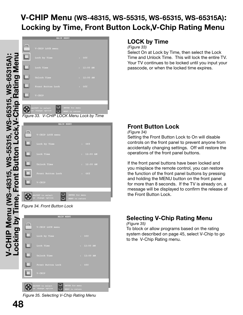 V-chip menu, V-c h ip m en u, Lock by time | Front button lock, Selecting v-chip rating menu | MITSUBISHI ELECTRIC WS-65315 User Manual | Page 48 / 76