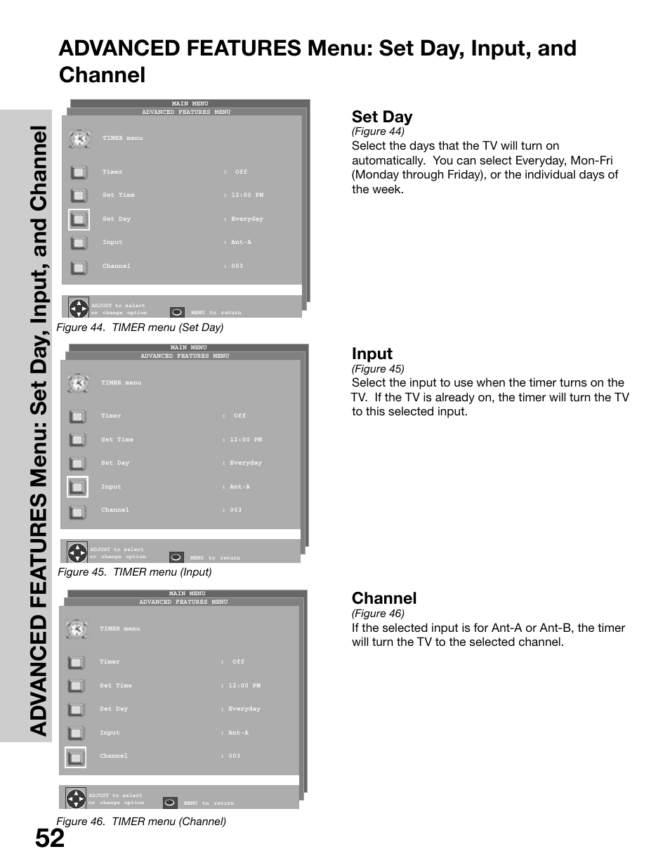 Set day, Input, Channel | MITSUBISHI ELECTRIC WS-65315 User Manual | Page 52 / 76