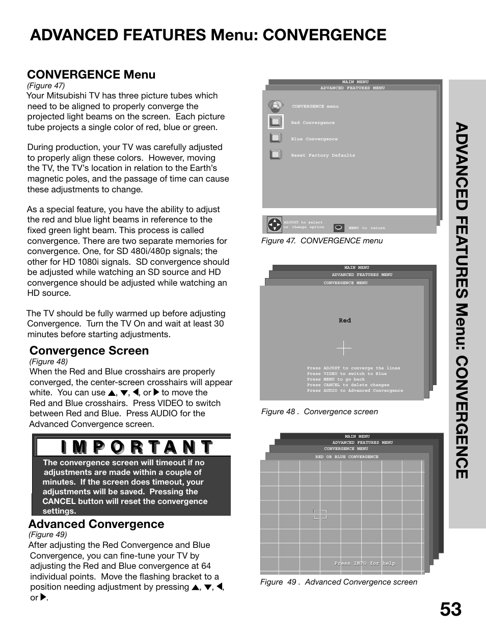 Advanced features menu: convergence, Convergence menu, Convergence screen | Advanced convergence | MITSUBISHI ELECTRIC WS-65315 User Manual | Page 53 / 76