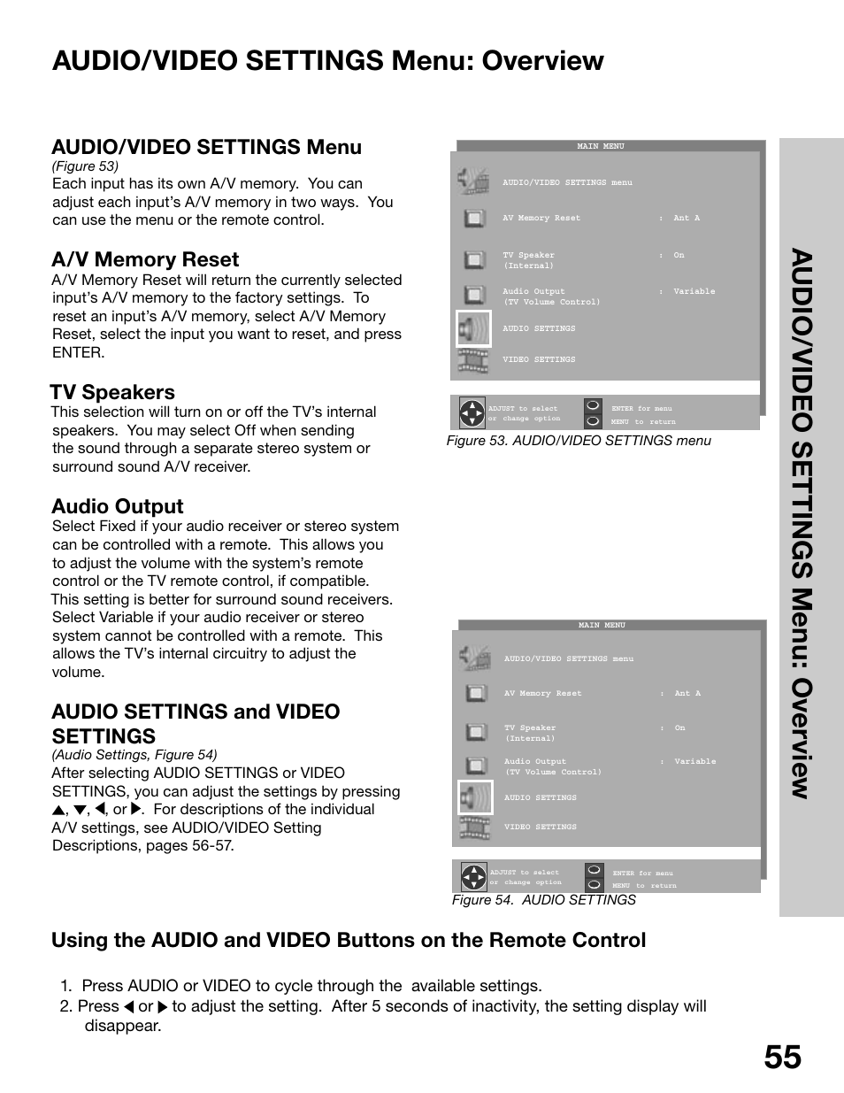 Audio/video settings menu: overview, Audio/video settings menu, Tv speakers | Audio output, Audio settings and video settings | MITSUBISHI ELECTRIC WS-65315 User Manual | Page 55 / 76