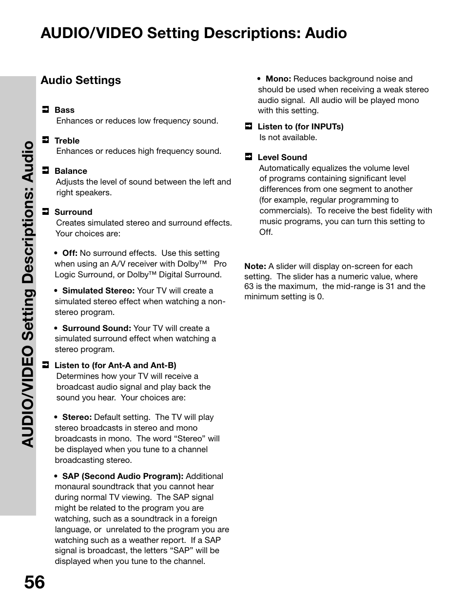 Audio/video setting descriptions: audio | MITSUBISHI ELECTRIC WS-65315 User Manual | Page 56 / 76