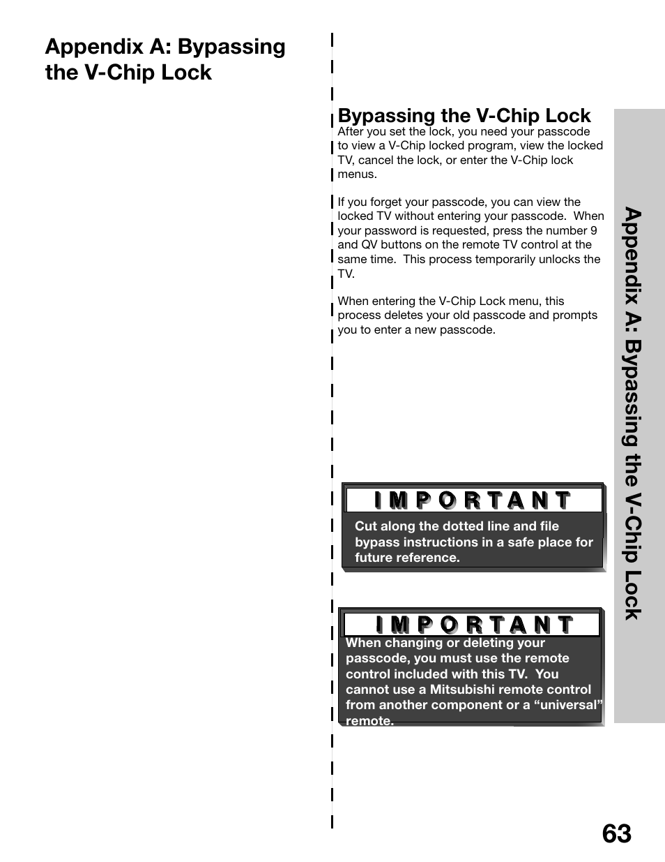 Appendix a: bypassing the v-chip lock | MITSUBISHI ELECTRIC WS-65315 User Manual | Page 63 / 76