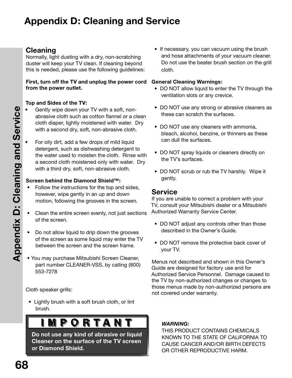 Appendix d: cleaning and service | MITSUBISHI ELECTRIC WS-65315 User Manual | Page 68 / 76