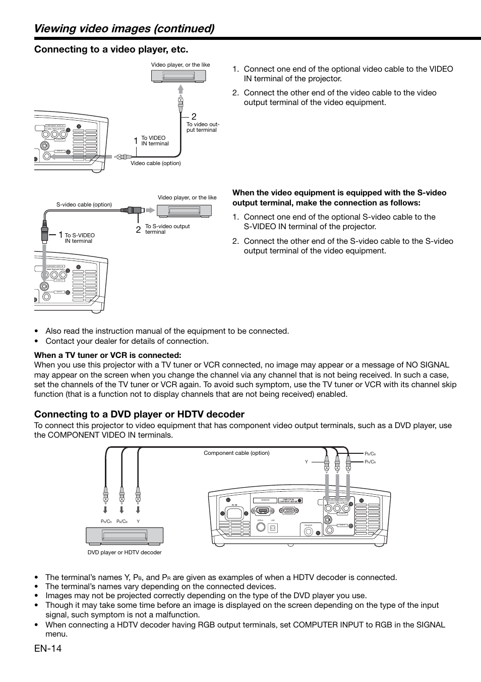 Viewing video images (continued), En-14, Connecting to a video player, etc | Connecting to a dvd player or hdtv decoder, And p | MITSUBISHI ELECTRIC HD1000 User Manual | Page 14 / 39