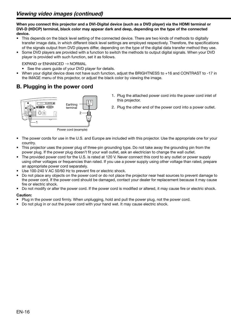 Viewing video images (continued), B. plugging in the power cord, En-16 | MITSUBISHI ELECTRIC HD1000 User Manual | Page 16 / 39