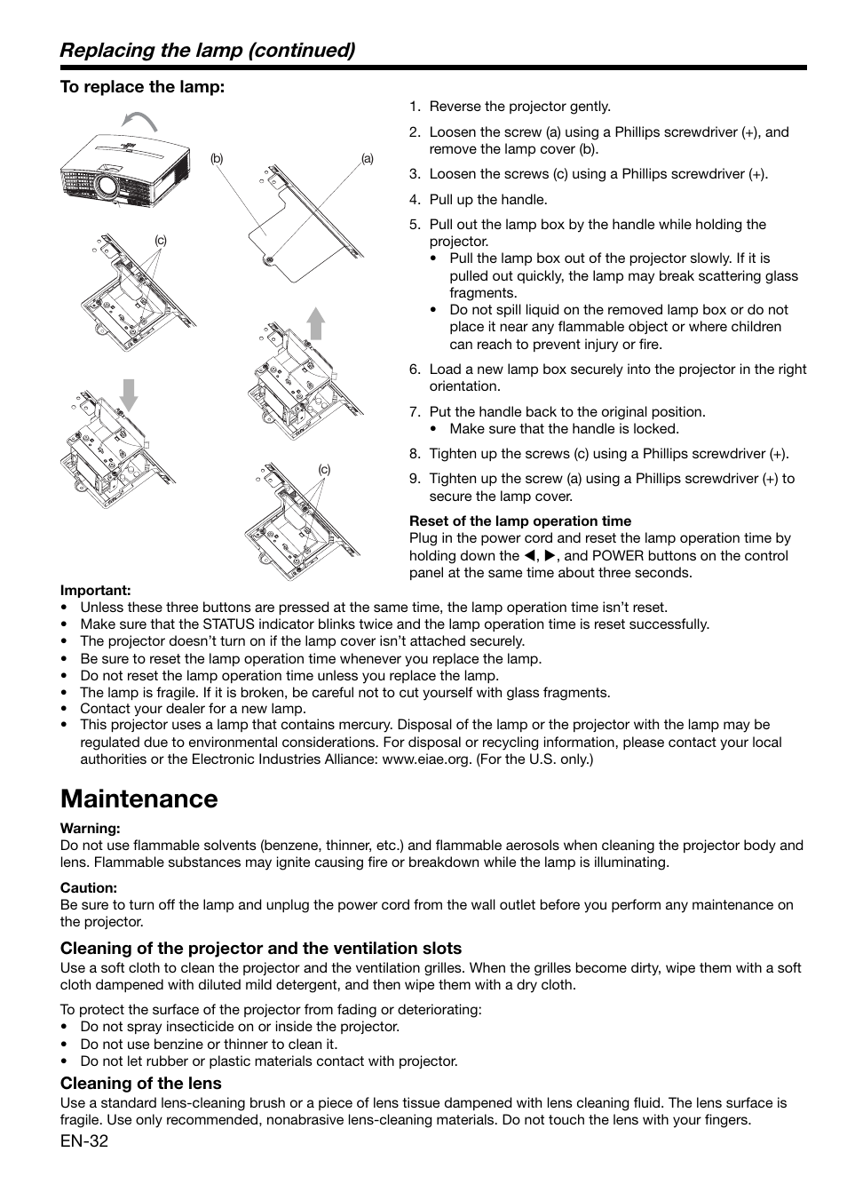 Maintenance, Replacing the lamp (continued) | MITSUBISHI ELECTRIC HD1000 User Manual | Page 32 / 39