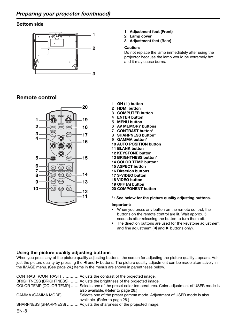 Preparing your projector (continued), Remote control, En-8 | Bottom side, Using the picture quality adjusting buttons | MITSUBISHI ELECTRIC HD1000 User Manual | Page 8 / 39