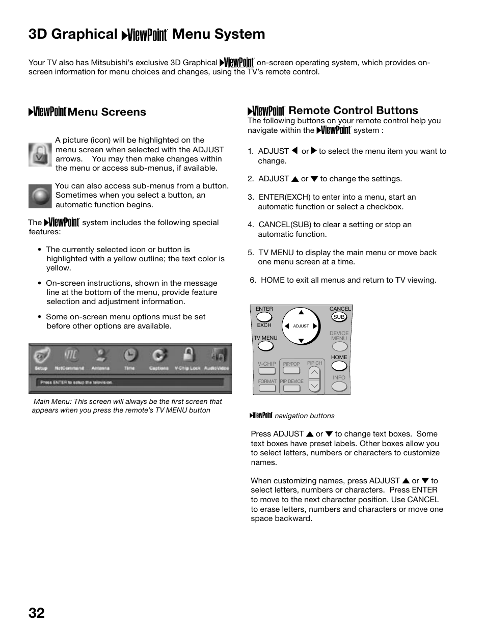 3d graphical menu system, Remote control buttons, Menu screens | MITSUBISHI ELECTRIC WS-48515 User Manual | Page 32 / 100