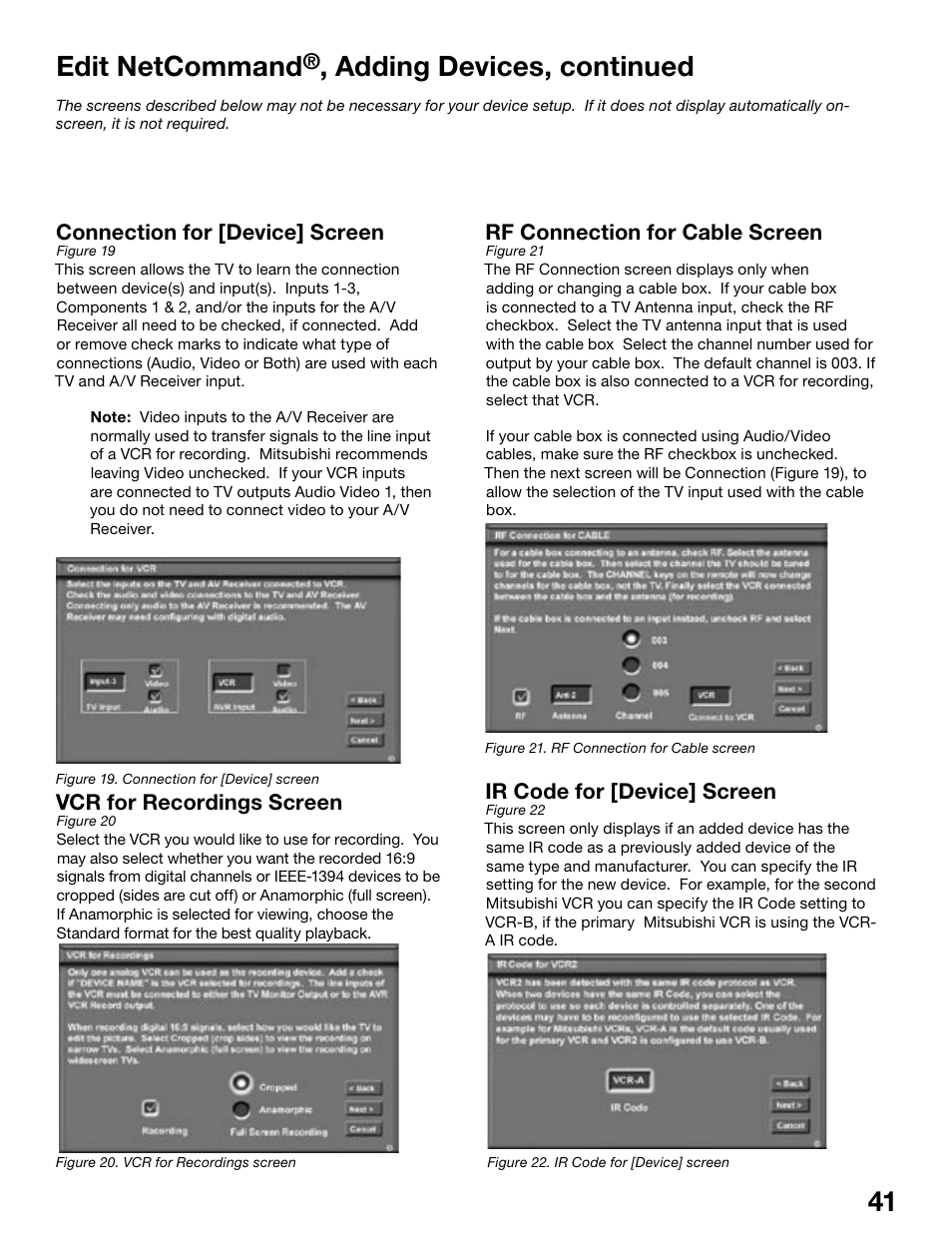 Edit netcommand, Adding devices, continued, Connection for [device] screen | Vcr for recordings screen, Rf connection for cable screen, Ir code for [device] screen | MITSUBISHI ELECTRIC WS-48515 User Manual | Page 41 / 100