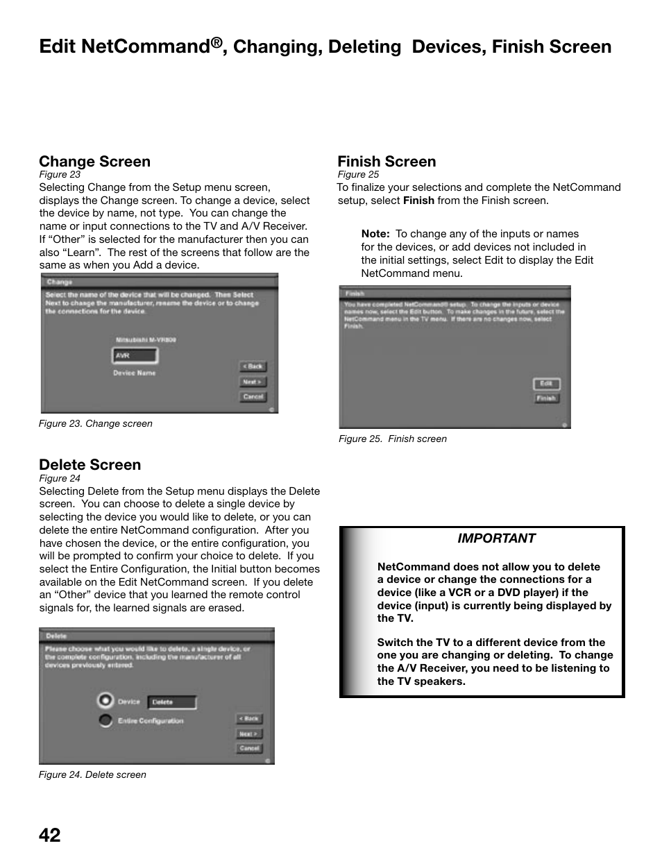 42 43 edit netcommand, Changing, deleting devices, finish screen | MITSUBISHI ELECTRIC WS-48515 User Manual | Page 42 / 100