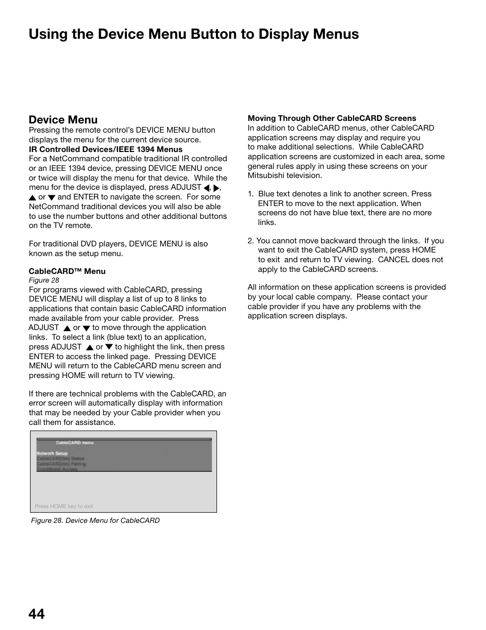 Chapter, Using the device menu button to display menus, Device menu | MITSUBISHI ELECTRIC WS-48515 User Manual | Page 44 / 100