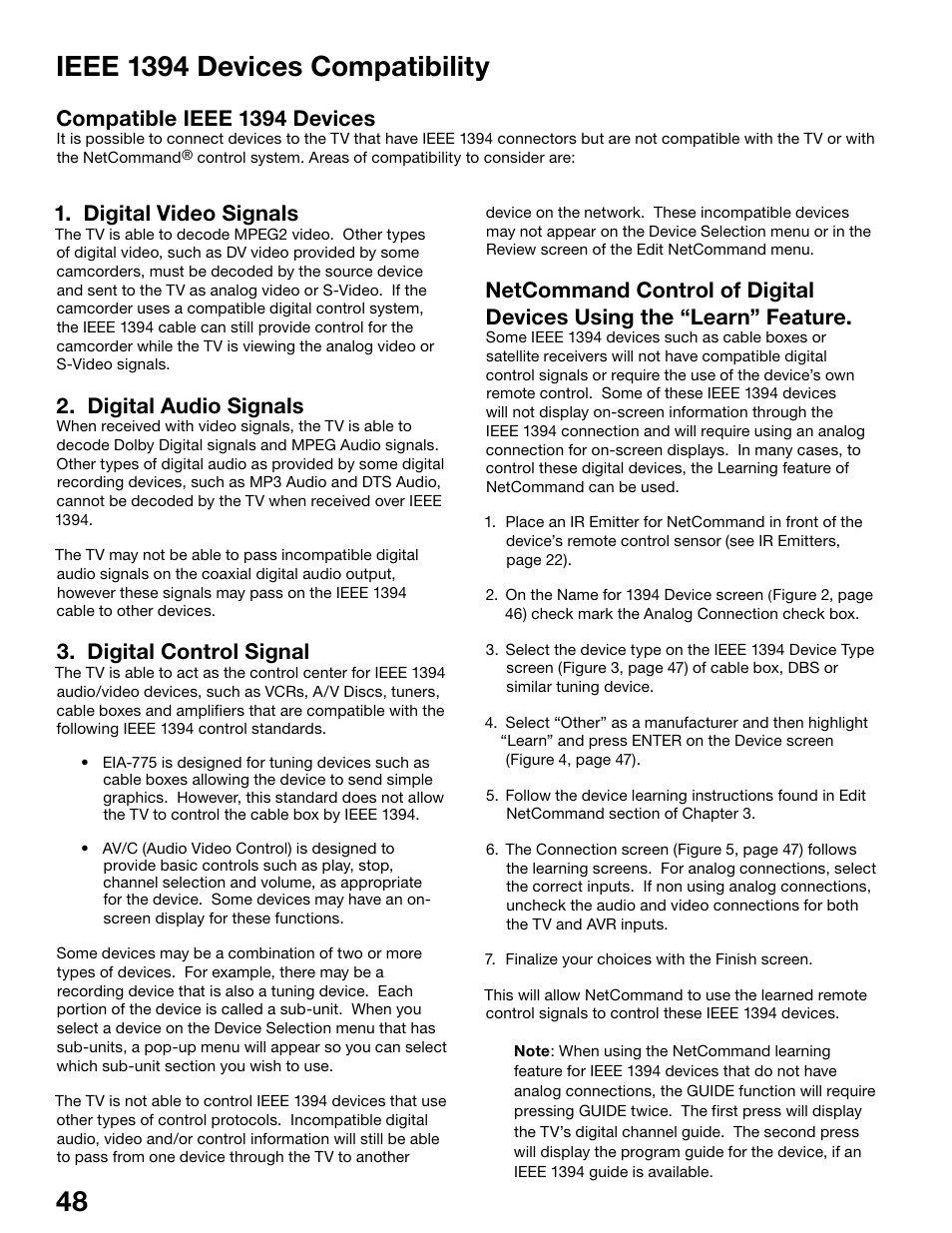 Digital video signals, Digital audio signals, Digital control signal | Compatible ieee 1394 devices | MITSUBISHI ELECTRIC WS-48515 User Manual | Page 48 / 100