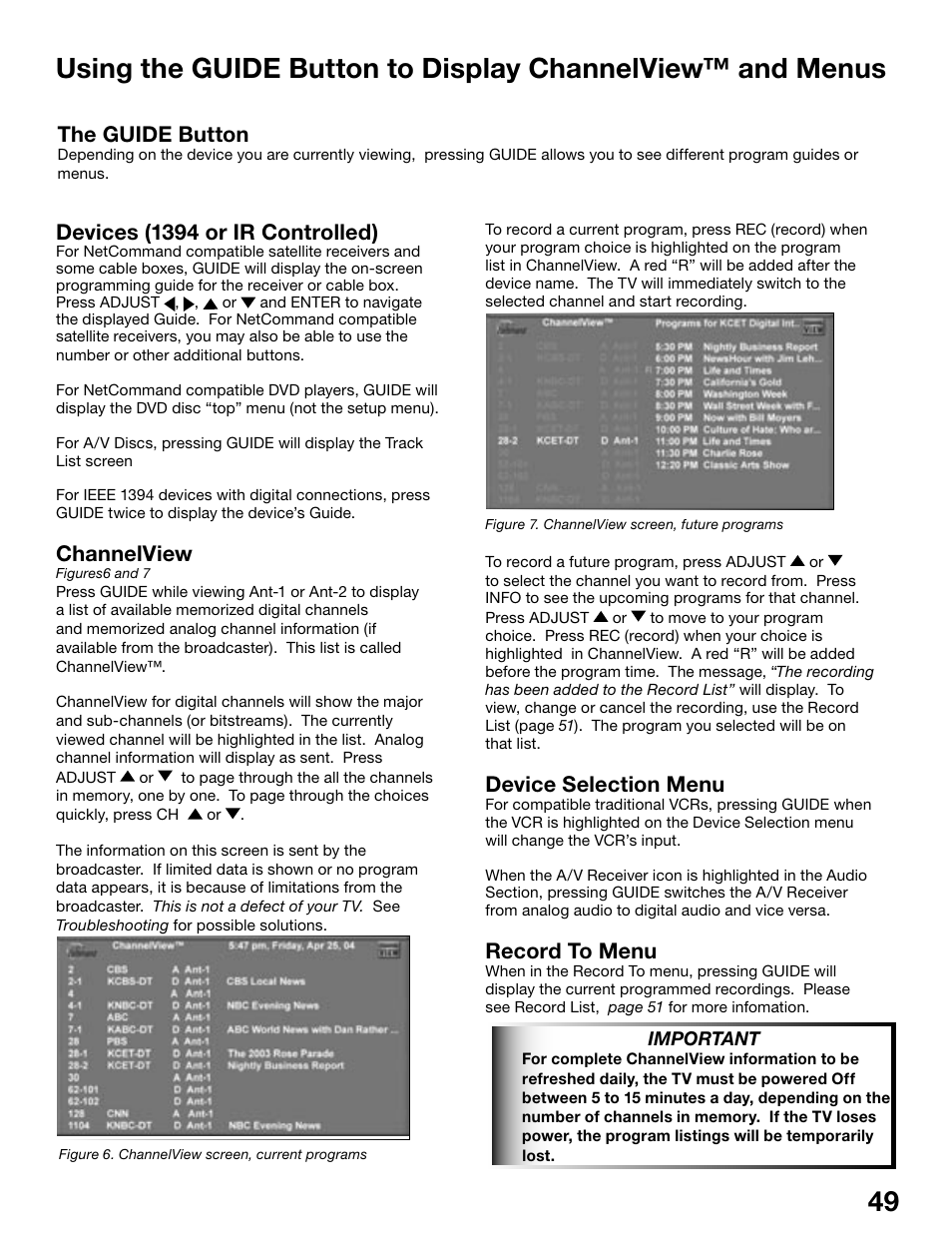 Device selection menu, Record to menu, Devices (1394 or ir controlled) | Channelview, The guide button | MITSUBISHI ELECTRIC WS-48515 User Manual | Page 49 / 100