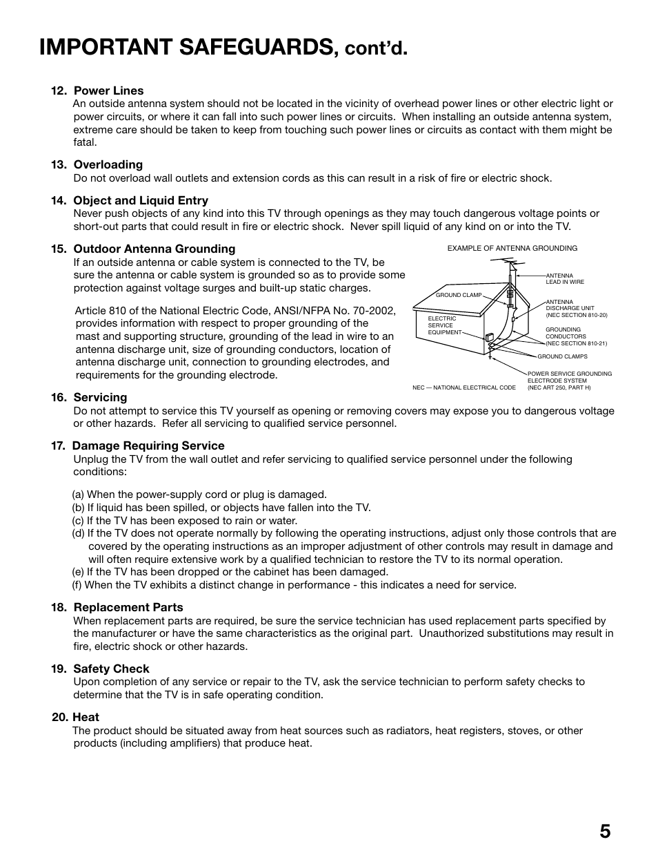 Important safeguards, Cont’d | MITSUBISHI ELECTRIC WS-48515 User Manual | Page 5 / 100