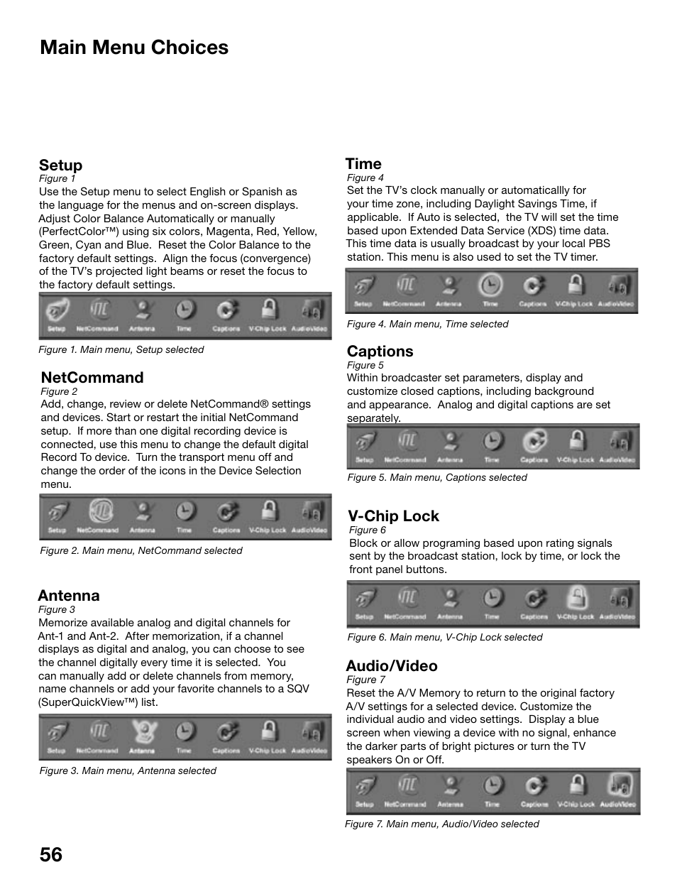 56 57 main menu choices, Setup, Captions | V-chip lock, Netcommand, Antenna, Audio/video, Time | MITSUBISHI ELECTRIC WS-48515 User Manual | Page 56 / 100