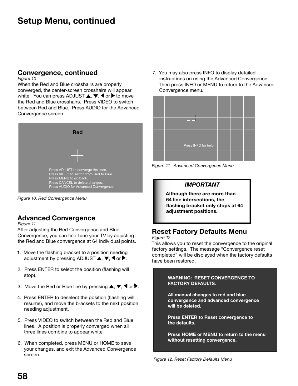 58 59 setup menu, continued, Reset factory defaults menu, Advanced convergence | Convergence, continued | MITSUBISHI ELECTRIC WS-48515 User Manual | Page 58 / 100