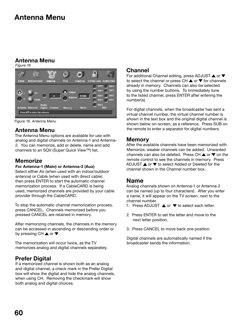 Name, Antenna menu, Prefer digital | Channel | MITSUBISHI ELECTRIC WS-48515 User Manual | Page 60 / 100