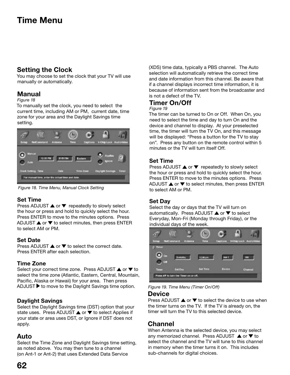 Time menu, Setting the clock, Manual | Auto, Timer on/off, Device, Channel | MITSUBISHI ELECTRIC WS-48515 User Manual | Page 62 / 100
