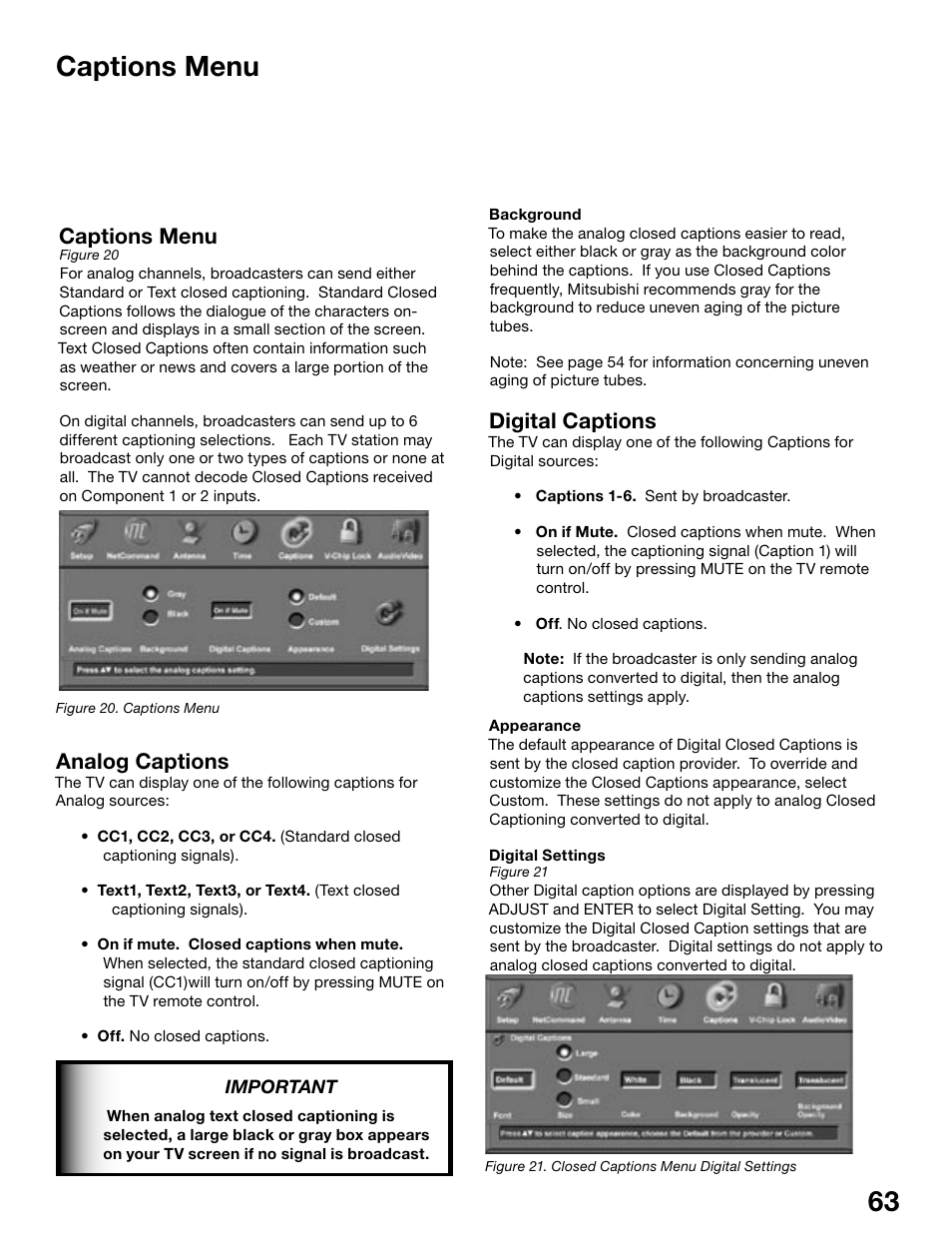 62 63 captions menu, Captions menu, Analog captions | Digital captions | MITSUBISHI ELECTRIC WS-48515 User Manual | Page 63 / 100