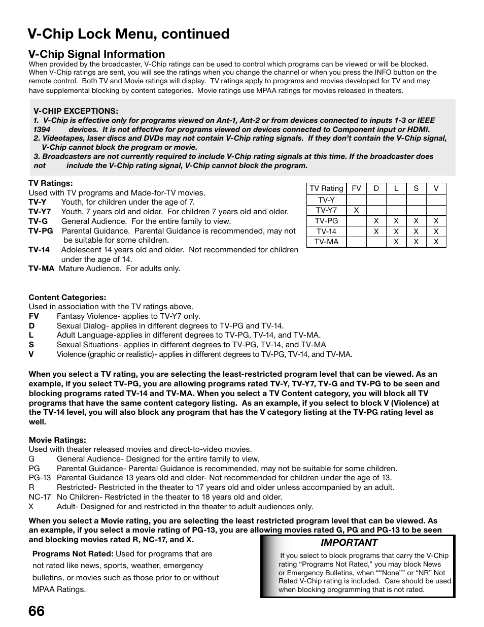 66 67 v-chip lock menu, continued, V-chip signal information | MITSUBISHI ELECTRIC WS-48515 User Manual | Page 66 / 100