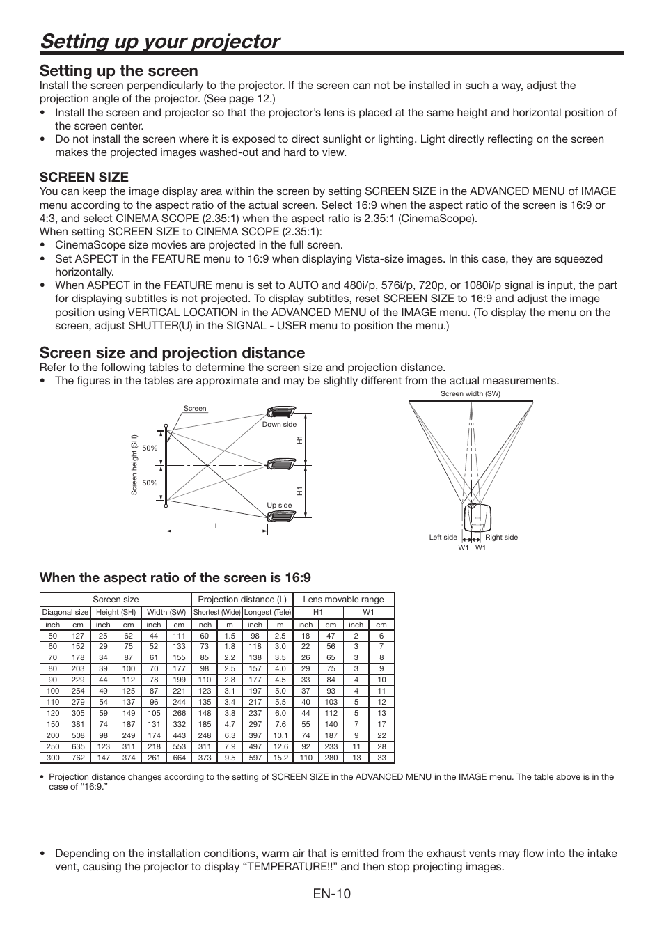 Setting up your projector, Setting up the screen, Screen size and projection distance | En-10, Screen size, When the aspect ratio of the screen is 16:9 | MITSUBISHI ELECTRIC Mitsubishi Electric LCD HC6800 User Manual | Page 10 / 47