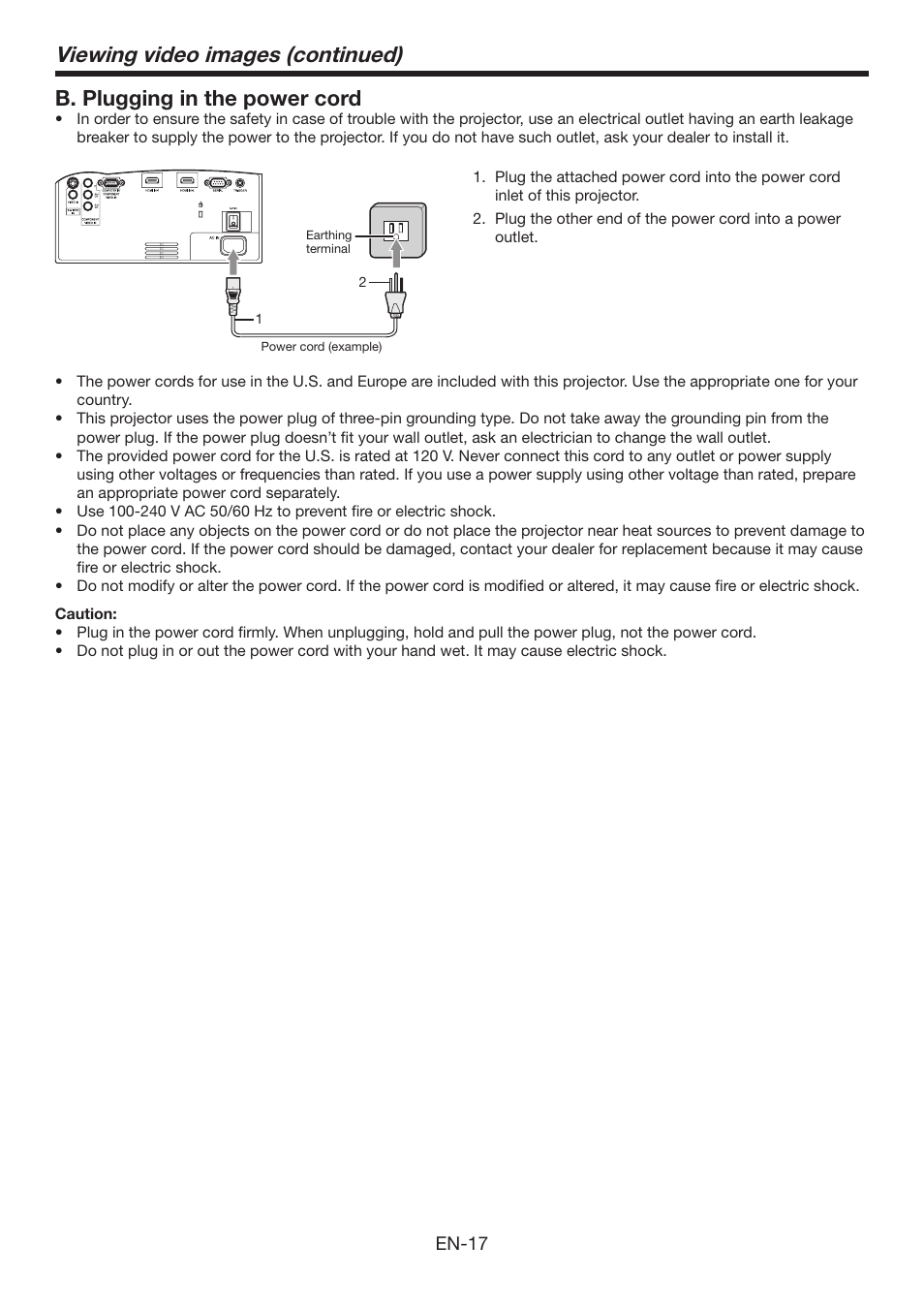 Viewing video images (continued), B. plugging in the power cord | MITSUBISHI ELECTRIC Mitsubishi Electric LCD HC6800 User Manual | Page 17 / 47