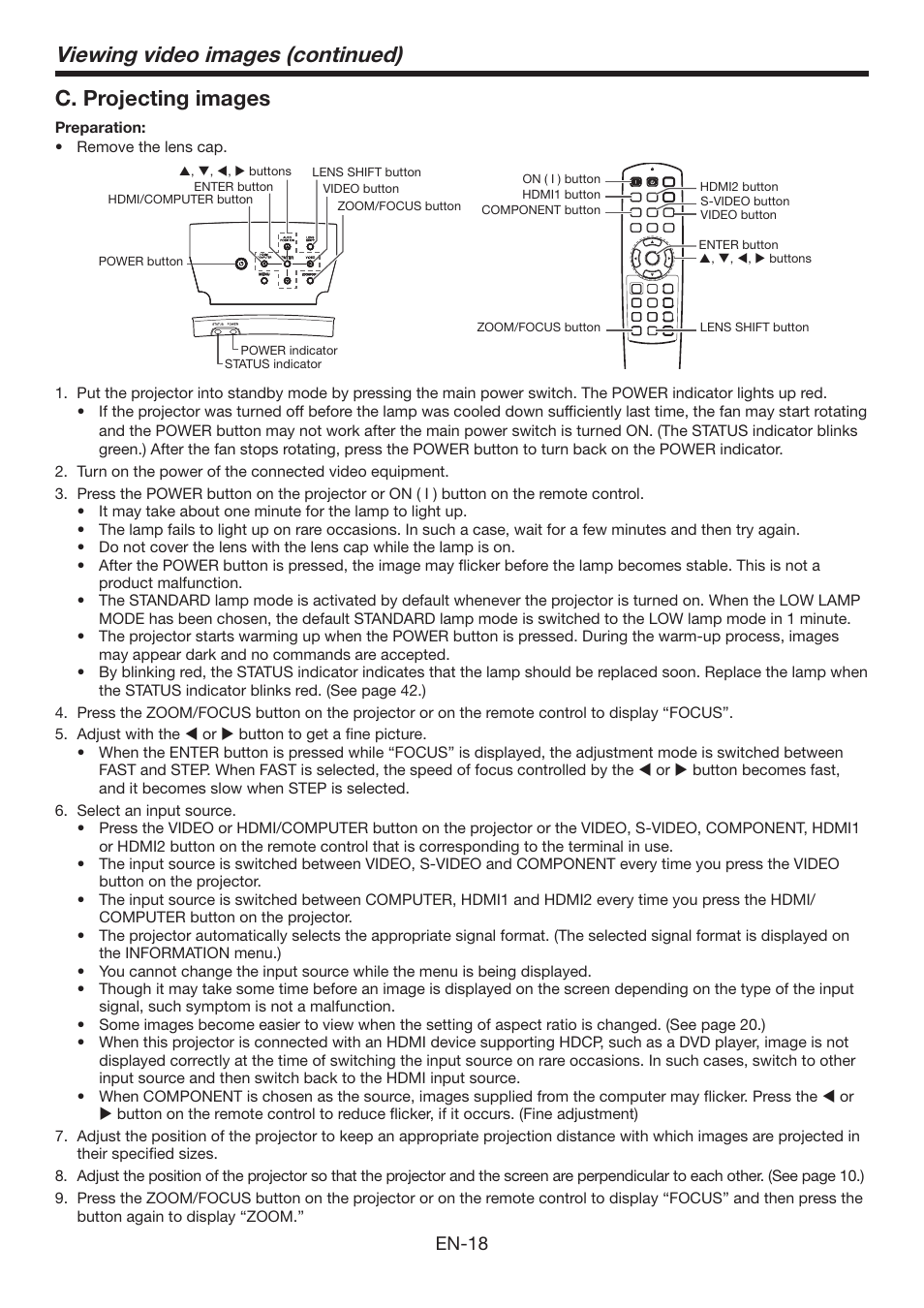 Viewing video images (continued), C. projecting images, En-18 | MITSUBISHI ELECTRIC Mitsubishi Electric LCD HC6800 User Manual | Page 18 / 47