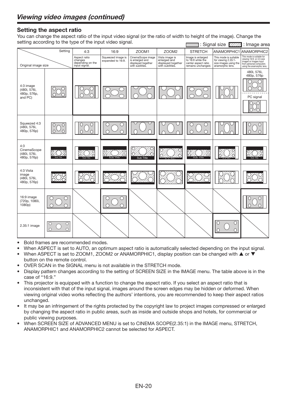 Viewing video images (continued), En-20, Setting the aspect ratio | MITSUBISHI ELECTRIC Mitsubishi Electric LCD HC6800 User Manual | Page 20 / 47