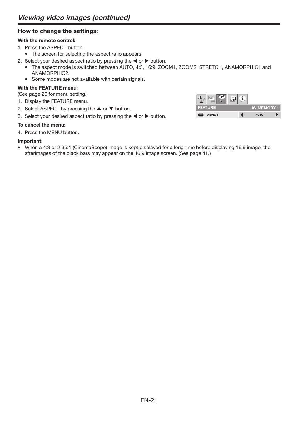 Viewing video images (continued), En-21 how to change the settings | MITSUBISHI ELECTRIC Mitsubishi Electric LCD HC6800 User Manual | Page 21 / 47