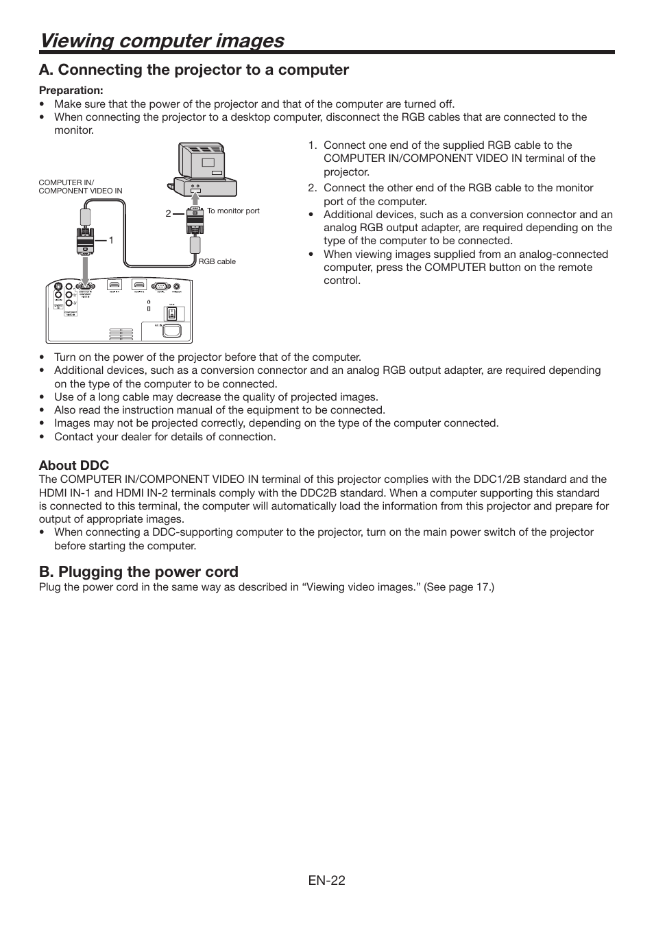 Viewing computer images, A. connecting the projector to a computer, B. plugging the power cord | MITSUBISHI ELECTRIC Mitsubishi Electric LCD HC6800 User Manual | Page 22 / 47