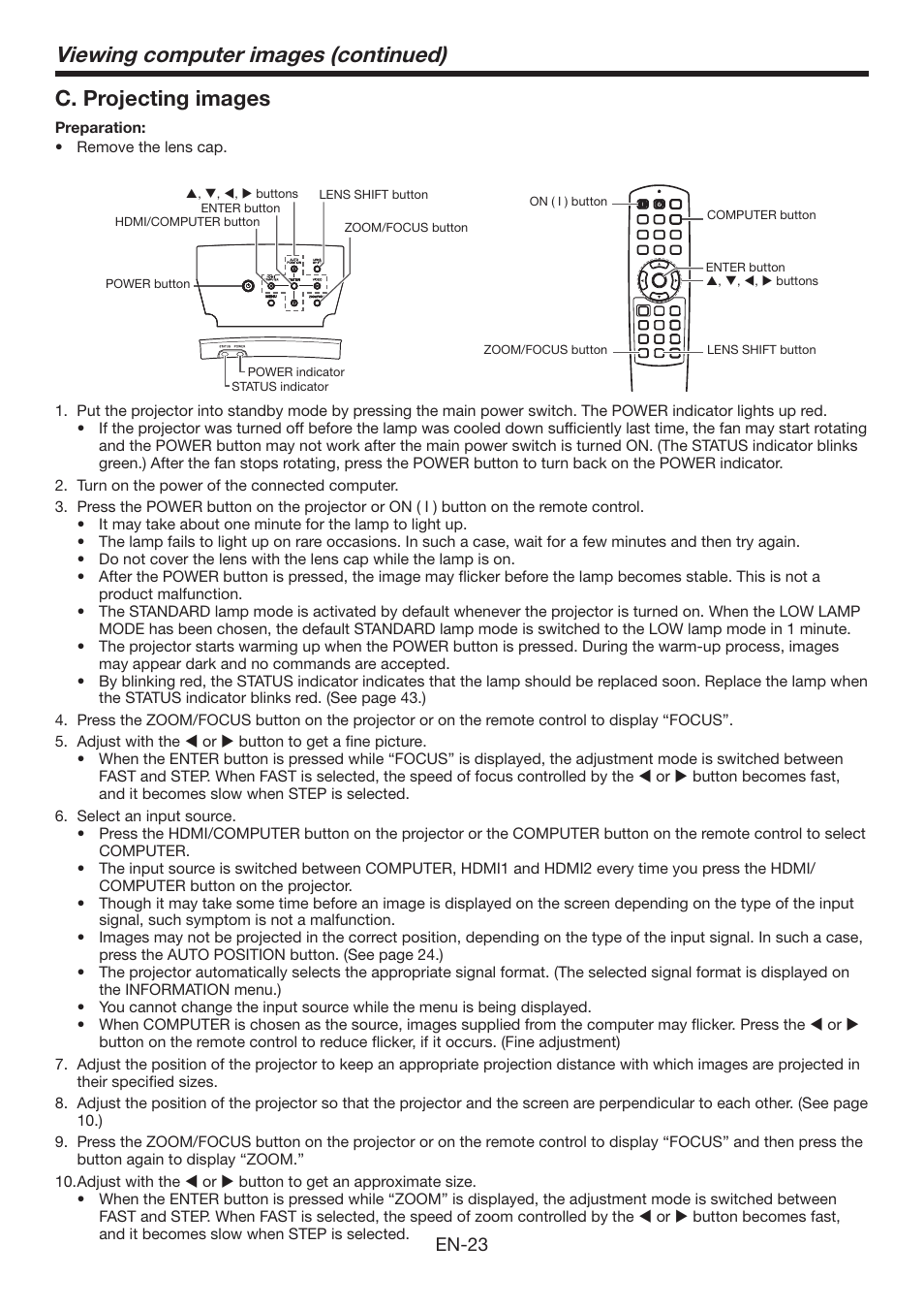 Viewing computer images (continued), C. projecting images, En-23 | MITSUBISHI ELECTRIC Mitsubishi Electric LCD HC6800 User Manual | Page 23 / 47