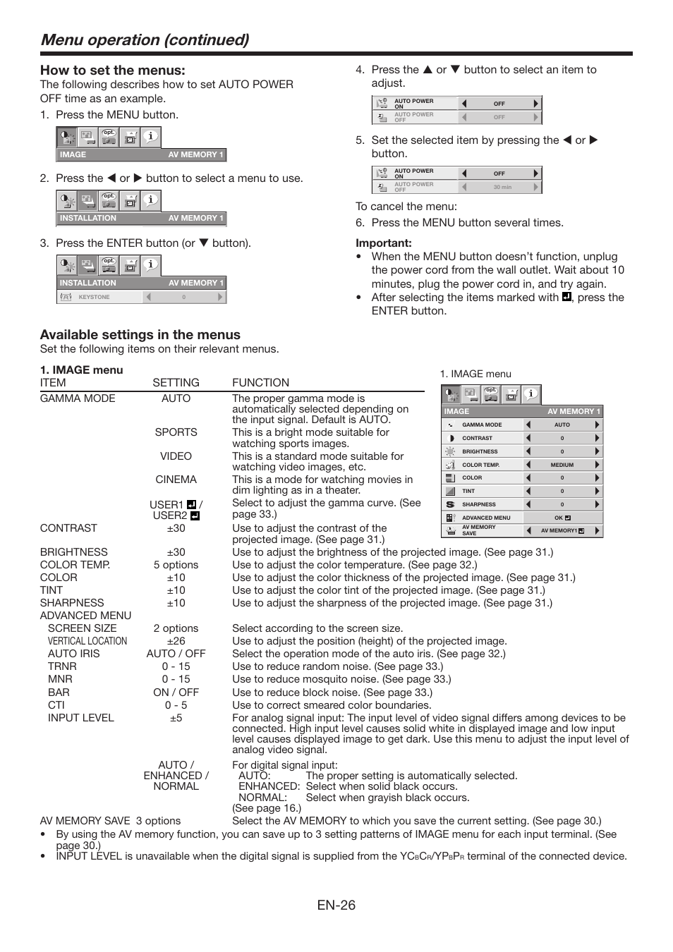 Menu operation (continued), En-26 how to set the menus, Available settings in the menus | Press the 2. t or u button to select a menu to use, Press the enter button (or 3. q button), Image menu item setting function, Terminal of the connected device | MITSUBISHI ELECTRIC Mitsubishi Electric LCD HC6800 User Manual | Page 26 / 47