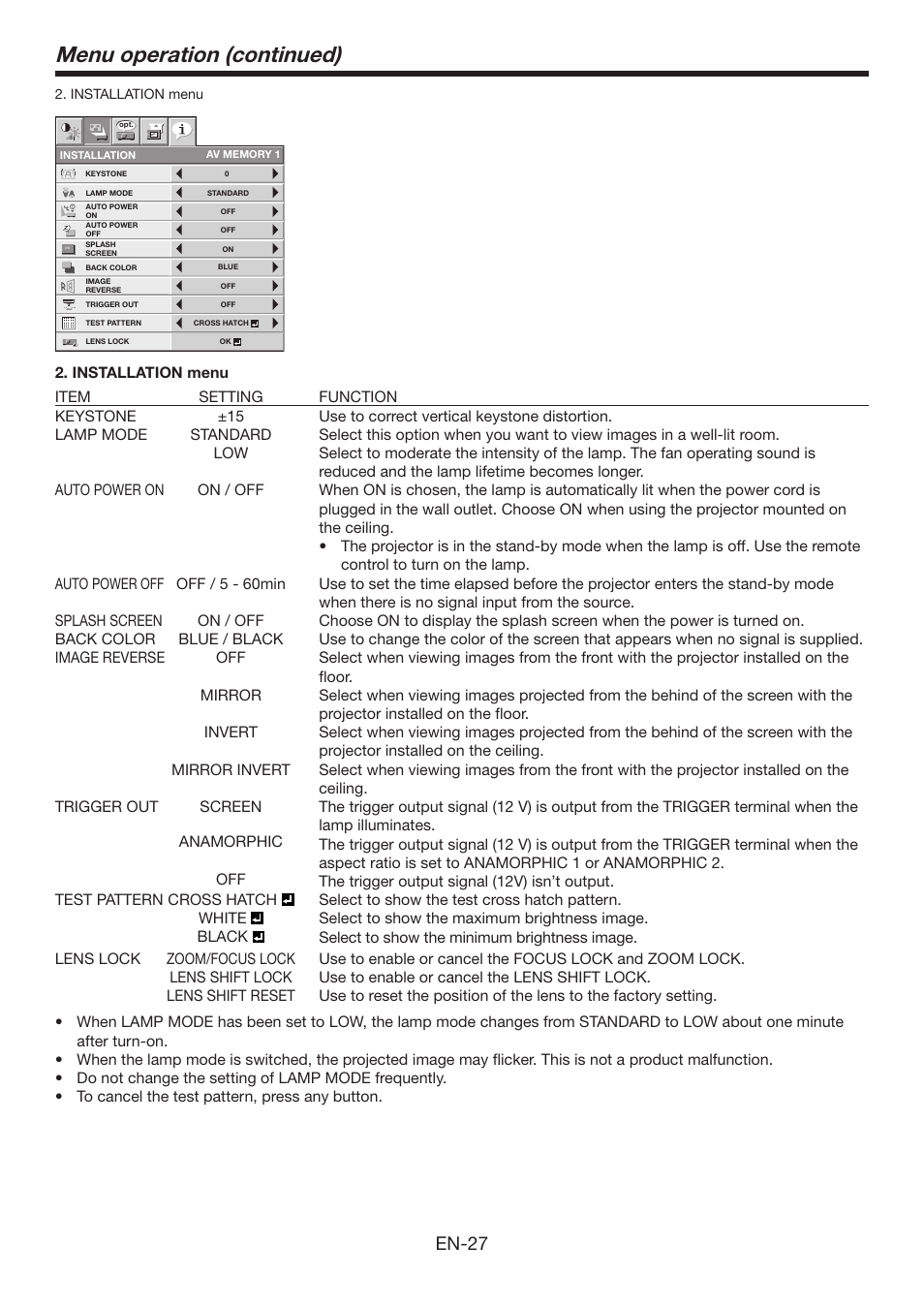 Menu operation (continued), En-27 | MITSUBISHI ELECTRIC Mitsubishi Electric LCD HC6800 User Manual | Page 27 / 47