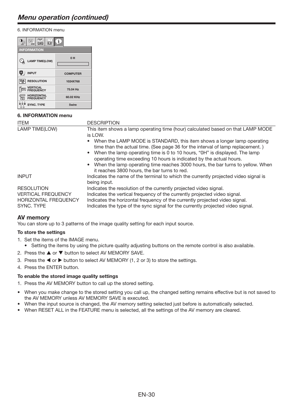 Menu operation (continued), En-30 | MITSUBISHI ELECTRIC Mitsubishi Electric LCD HC6800 User Manual | Page 30 / 47