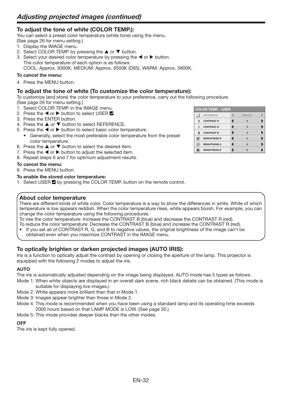 Adjusting projected images (continued), En-32 to adjust the tone of white (color temp.), About color temperature | MITSUBISHI ELECTRIC Mitsubishi Electric LCD HC6800 User Manual | Page 32 / 47