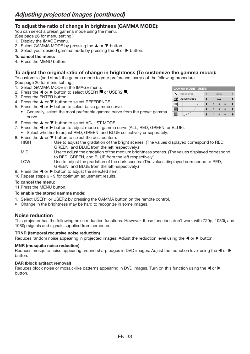 Adjusting projected images (continued), En-33, Noise reduction | MITSUBISHI ELECTRIC Mitsubishi Electric LCD HC6800 User Manual | Page 33 / 47