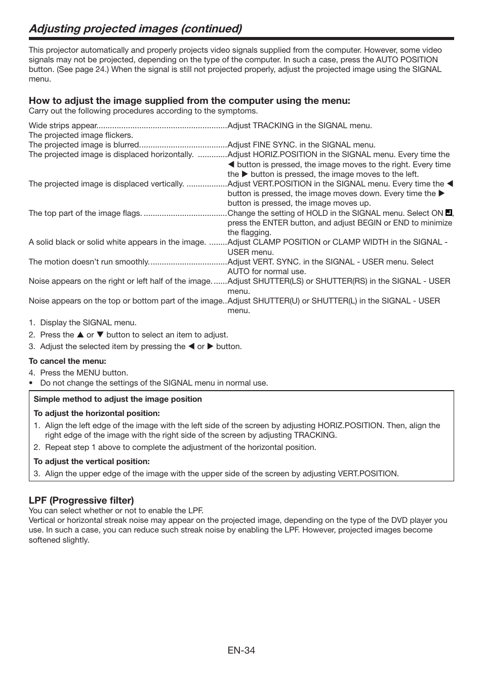 Adjusting projected images (continued) | MITSUBISHI ELECTRIC Mitsubishi Electric LCD HC6800 User Manual | Page 34 / 47