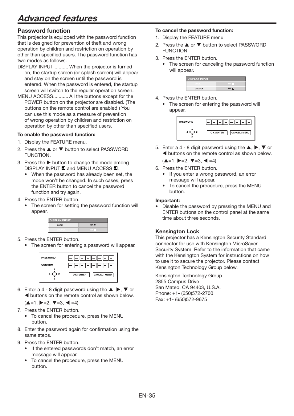 Advanced features, En-35 password function | MITSUBISHI ELECTRIC Mitsubishi Electric LCD HC6800 User Manual | Page 35 / 47