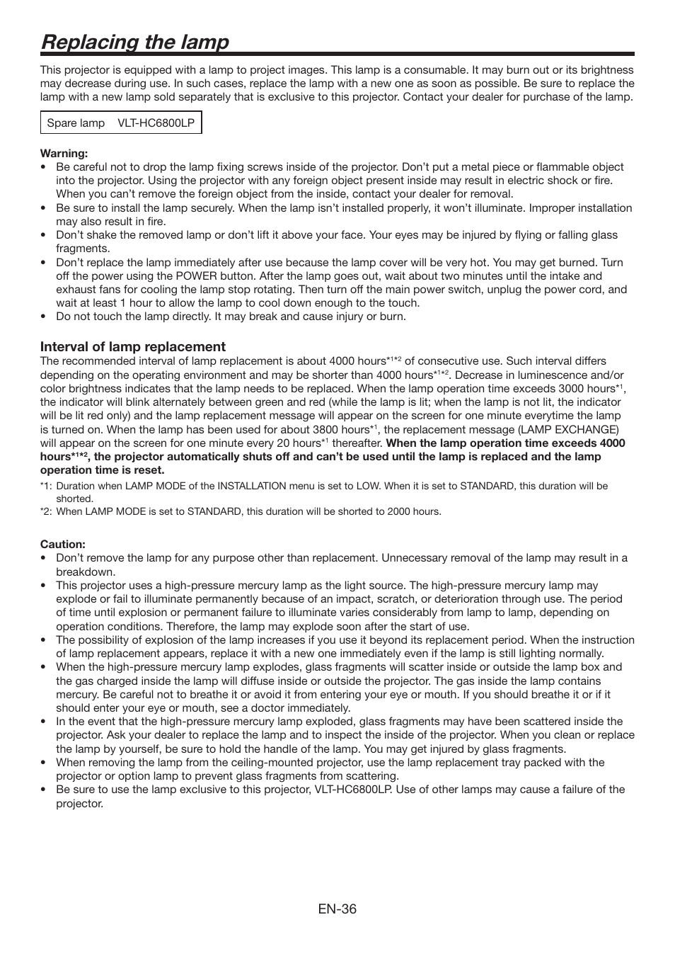 Replacing the lamp, En-36, Interval of lamp replacement | MITSUBISHI ELECTRIC Mitsubishi Electric LCD HC6800 User Manual | Page 36 / 47