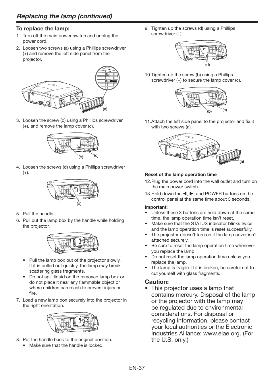 Replacing the lamp (continued) | MITSUBISHI ELECTRIC Mitsubishi Electric LCD HC6800 User Manual | Page 37 / 47