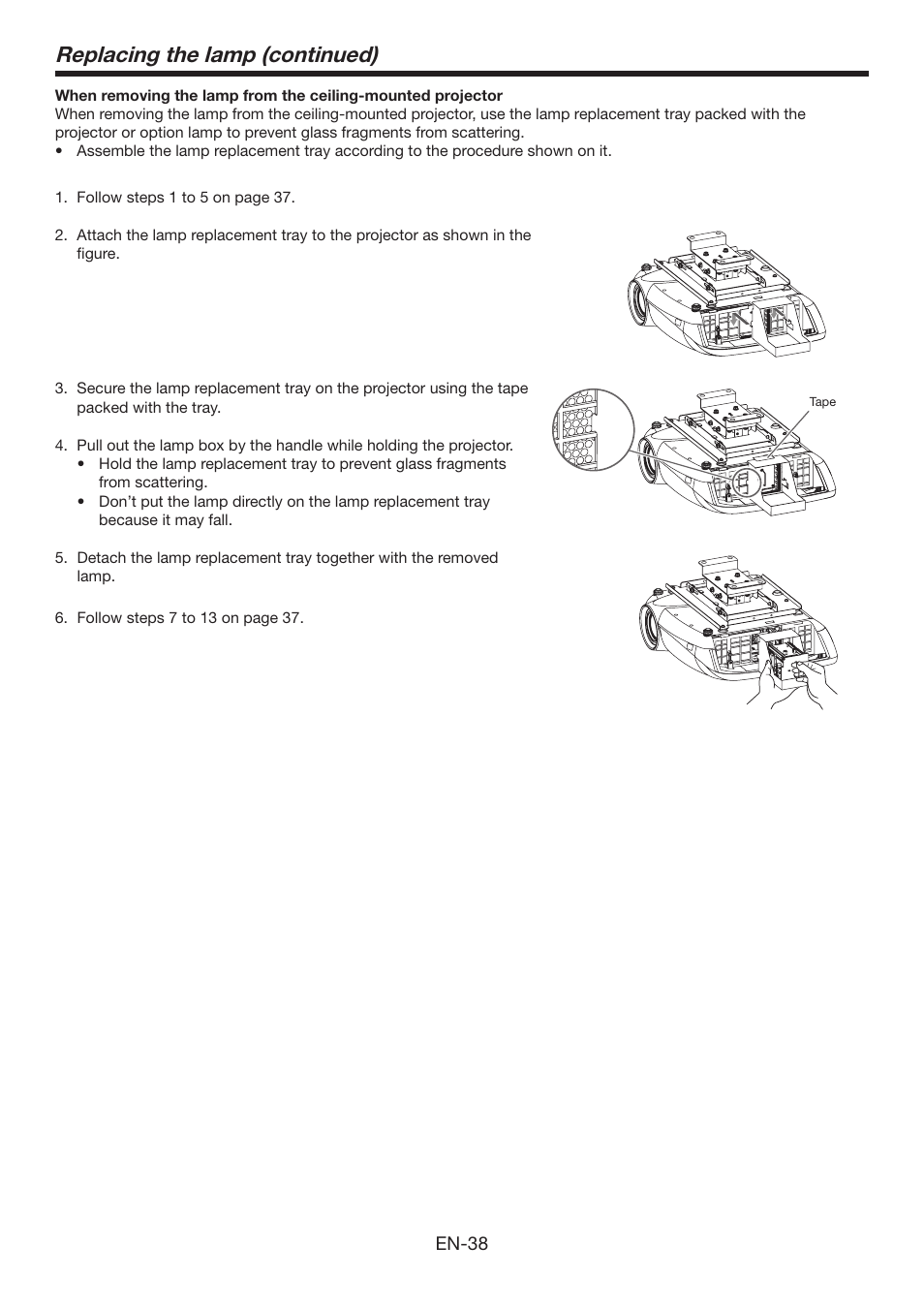 Replacing the lamp (continued) | MITSUBISHI ELECTRIC Mitsubishi Electric LCD HC6800 User Manual | Page 38 / 47