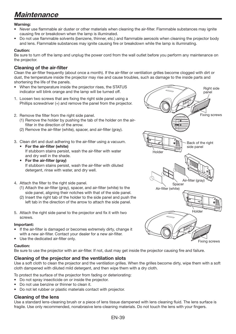 Maintenance | MITSUBISHI ELECTRIC Mitsubishi Electric LCD HC6800 User Manual | Page 39 / 47