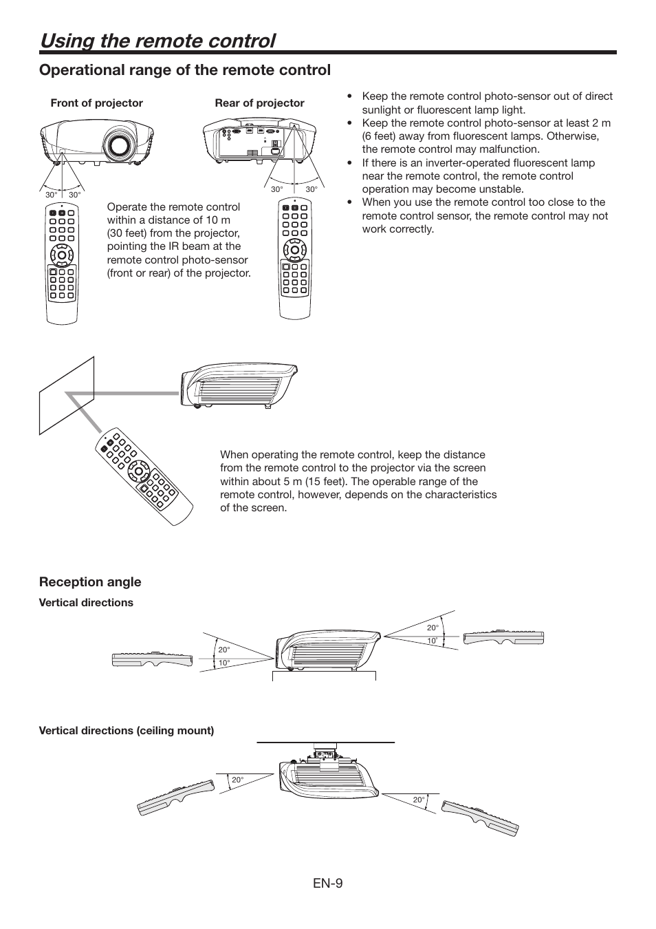 Using the remote control, Operational range of the remote control, En-9 | Reception angle | MITSUBISHI ELECTRIC Mitsubishi Electric LCD HC6800 User Manual | Page 9 / 47