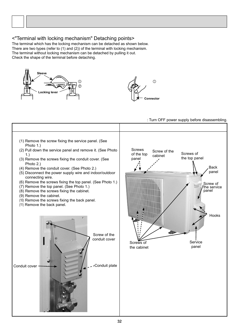 11 disassembly instructions, Operating procedure photos, Terminal with locking mechanism" detaching points | MITSUBISHI ELECTRIC MUZ-FD09NA- U1 User Manual | Page 32 / 36