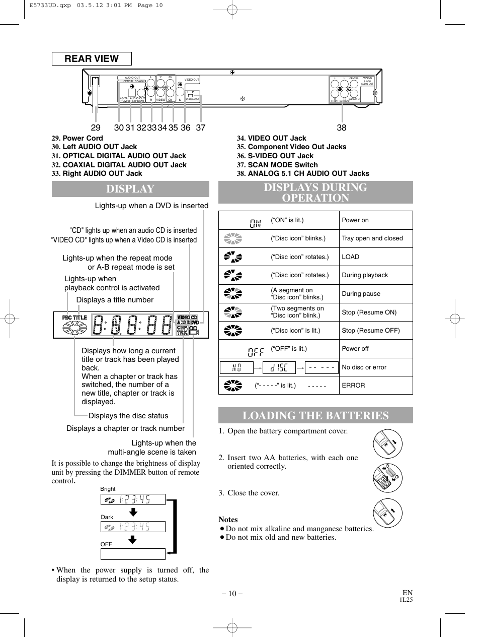 Rear view, Do not mix alkaline and manganese batteries, Do not mix old and new batteries | MITSUBISHI ELECTRIC DD-8040 User Manual | Page 10 / 40