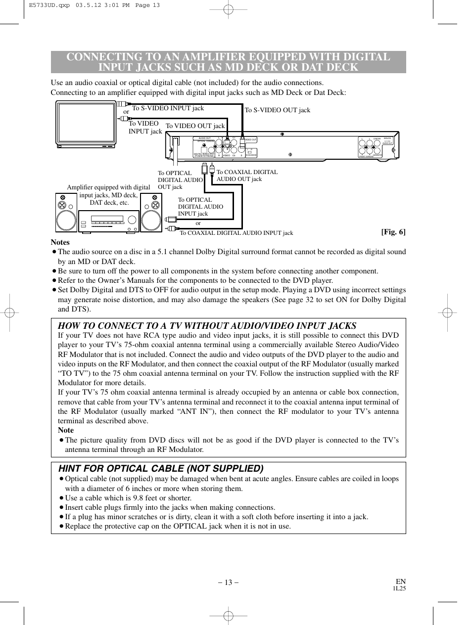 Hint for optical cable (not supplied), Use a cable which is 9.8 feet or shorter | MITSUBISHI ELECTRIC DD-8040 User Manual | Page 13 / 40