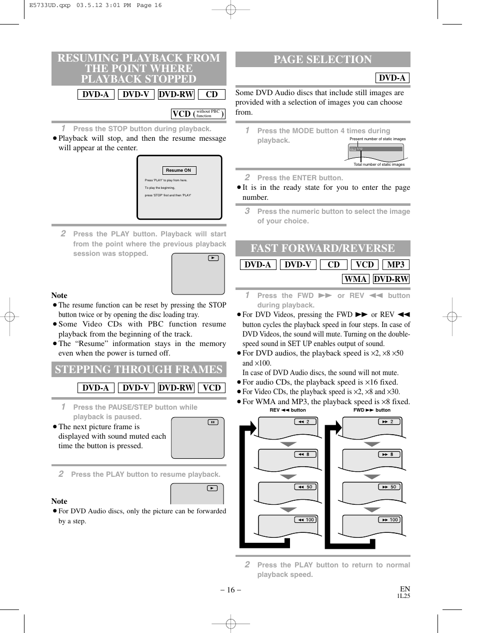 Stepping through frames, Fast forward/reverse, Page selection | MITSUBISHI ELECTRIC DD-8040 User Manual | Page 16 / 40