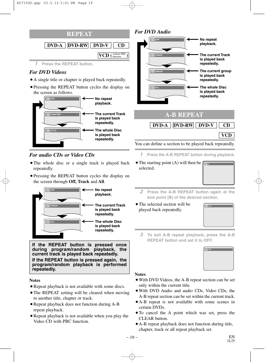 Repeat, A-b repeat, For dvd videos | For audio cds or video cds, For dvd audio | MITSUBISHI ELECTRIC DD-8040 User Manual | Page 19 / 40