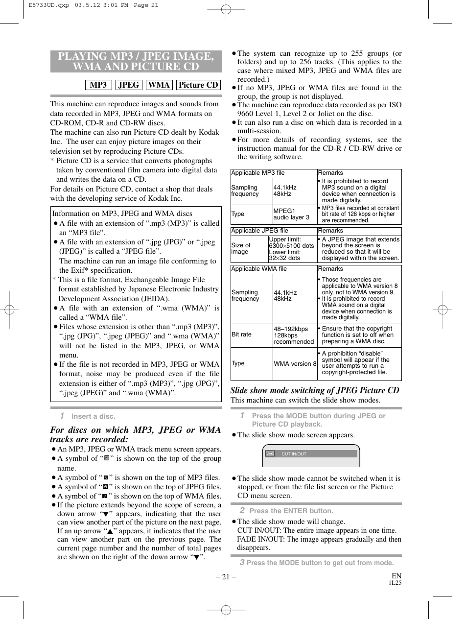 Playing mp3 / jpeg image, wma and picture cd, Slide show mode switching of jpeg picture cd | MITSUBISHI ELECTRIC DD-8040 User Manual | Page 21 / 40