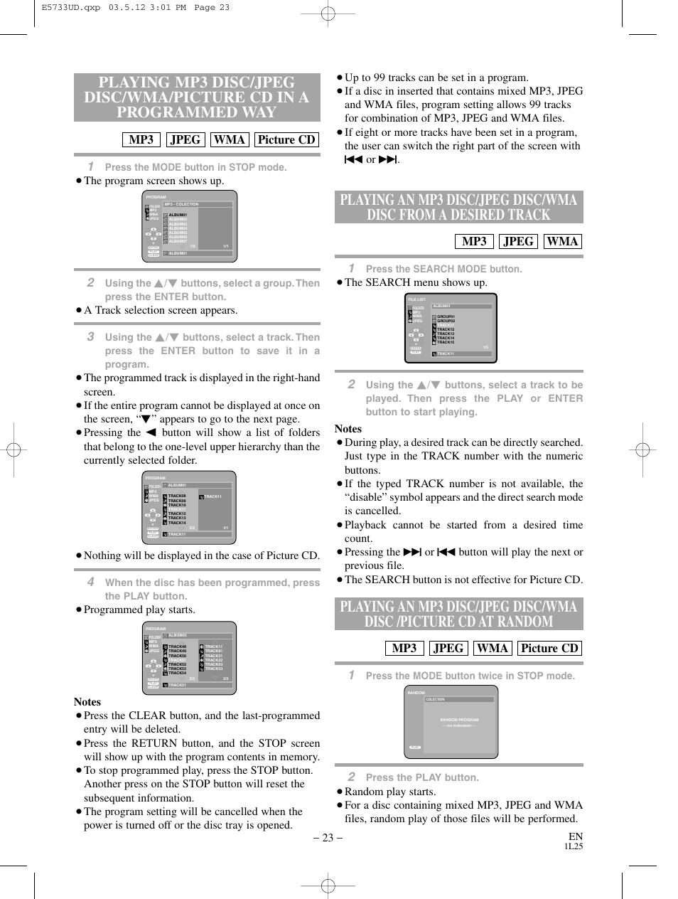 Picture cd wma jpeg mp3, Wma jpeg mp3, The program screen shows up | A track selection screen appears, Appears to go to the next page, Random play starts, The search menu shows up, The search button is not effective for picture cd, Up to 99 tracks can be set in a program | MITSUBISHI ELECTRIC DD-8040 User Manual | Page 23 / 40
